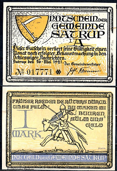 Затруп в Ангелне (Пруссия, Шлезвиг-Гольштейн) 1 марка 1921 Mehl Grabowski 1169.1b-2/2 бумага UNC (пресс) 7556-66-2-1