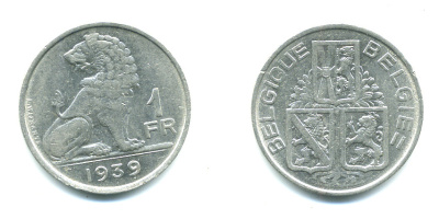 Бельгия 1 франк 1939 Леопольд III (1934-1950), Belgique-Belgie, лев KM 119 никель 25-416