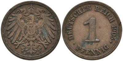 Германия 1 пфенниг 1905 E KM 10, J. 10 медь 4567-1217