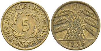 ГЕРМАНИЯ 5 РЕЙХСПФЕННИГОВ 1936 J KM 39, J. 316, Weege 7 алюминиевая бронза 206-815