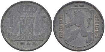 БЕЛЬГИЯ 1 ФРАНК 1943 BELGIQUE-BELGIE, ГЕРМАНСКАЯ ОККУПАЦИЯ, ВТОРАЯ МИРОВАЯ ВОЙНА, ЛЕОПОЛЬД III (1934-1950) KM 127 цинк 119-422