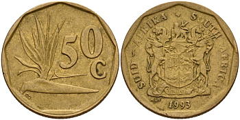 ЮАР 50 центов 1993 цветок KM 137 сталь плакированная латунью 4179-753