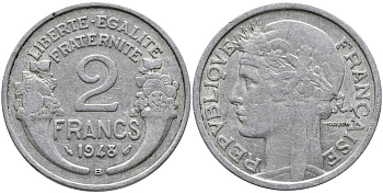 Франция 2 франка 1948 В KM 886а.2 алюминий 23-145