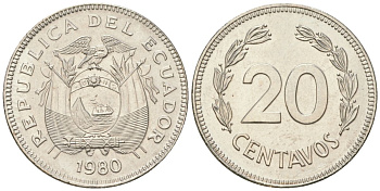 Эквадор 20 сентаво 1980 KM 77.2a сталь плакированная никелем aUNC 4611-724