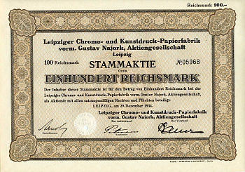 Германия 100 рейхсмарок 1934 АО Лейпцигская фабрика по производству бумаги для хромо- и художественной печати, акция   бумага 8801-53-1