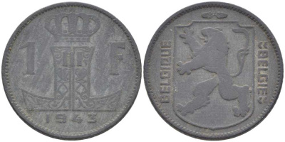 БЕЛЬГИЯ 1 ФРАНК 1943 BELGIQUE-BELGIE, ГЕРМАНСКАЯ ОККУПАЦИЯ, ВТОРАЯ МИРОВАЯ ВОЙНА, ЛЕОПОЛЬД III (1934-1950) KM 127 цинк 119-422
