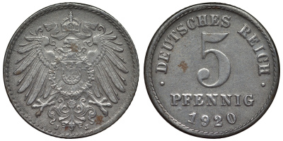 Германия 5 пфеннигов 1920 J KM 19, J. 297, Weege 5 железо 4118-1052