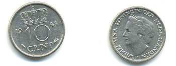 Нидерланды 10 центов 1948 Вильгельмина (1895-1948) KM 177 никель 83-957
