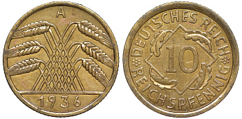 Германия 10 рейхспфеннигов 1936 A KM 40, J. 317 алюминиевая бронза 4604-722