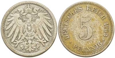 ГЕРМАНИЯ 5 ПФЕННИГОВ 1903 A KM 11, J. 12, Weege 6 медно-никель 206-934