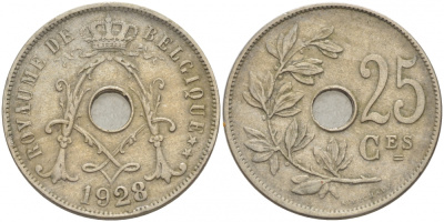 БЕЛЬГИЯ 25 САНТИМОВ 1928 BELGIQUE KM 68.1 медно-никель 4529-1122