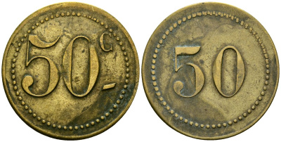 Франция 50 сантимов XIX-XX век ресторанный жетон латунь 4166-1253
