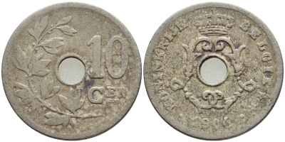 БЕЛЬГИЯ 10 САНТИМОВ 1904 BELGIE KM 53 медно-никель 4178-631