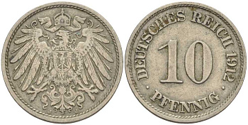 ГЕРМАНИЯ 10 ПФЕННИГОВ 1912 J KM 12, J. 13 медно-никель 33-627