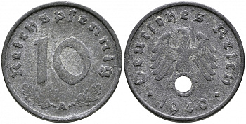 ГЕРМАНИЯ 10 РЕЙХСПФЕННИГОВ 1940 A, KM 101, J. 371 цинк 4525-1224