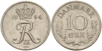 Дания 10 эре 1964 C; S, Фредерик IX (1947-1972) KM 849.1 медно-никель    4189-231