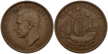Великобритания 1/2 пенни 1948 Георг VI (1936-1952) KM 844, Spink 4115 бронза 4601-432