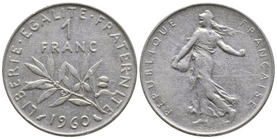 ФРАНЦИЯ 1 ФРАНК 1960 СЕЯТЕЛЬ KM 925.1, LE FRANC 226.4 никель 3999-1034