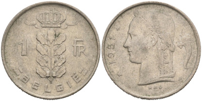 Бельгия 1 франк 1951 Belgie KM 143.1 медно-никель 190-824