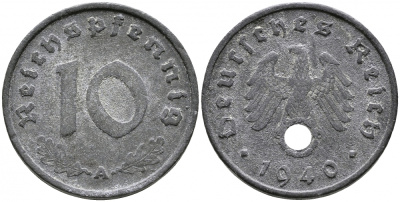 ГЕРМАНИЯ 10 РЕЙХСПФЕННИГОВ 1940 A, KM 101, J. 371 цинк 4525-1224