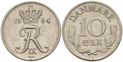 Дания 10 эре 1964 C; S, Фредерик IX (1947-1972) KM 849.1 медно-никель    4189-231