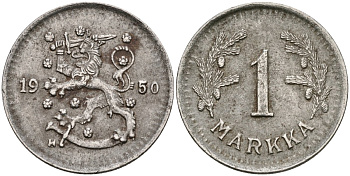 Финляндия 1 марка 1950 Н KM 30b железо 4580-1261