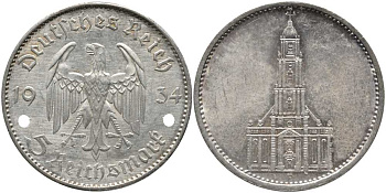 Германия 5 рейхсмарок 1934 F, кирха в Потсдаме KM 83, J. 357 серебро 1515-1615