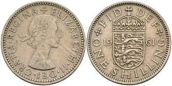 Великобритания 1 шиллинг 1961 Елизавета II (1952-2022), Английский герб KM 904, Spink 4147 медно-никель 4116-841