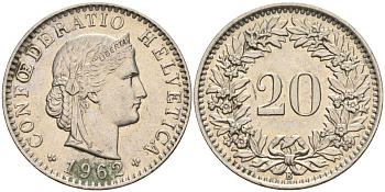 Швейцария 20 раппенов 1962 B KM 29a медно-никель 4606-757