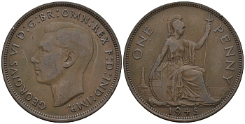 Великобритания 1 пенни 1945 Георг VI (1936-1952) KM 845, Spink 4114 бронза 4607-1126
