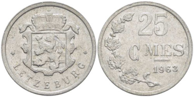 ЛЮКСЕМБУРГ 25 САНТИМОВ 1963 KM 45a.1 алюминий 66-522