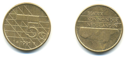 НИДЕРЛАНДЫ 5 ГУЛЬДЕНОВ 1991 KM 210 никель плакированный бронзой 84-1032