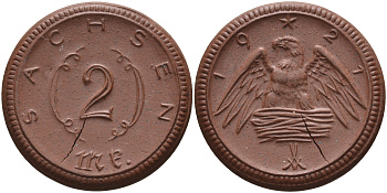 Саксония 2 марки 1921 J. N 56 фарфор 1094-2-14