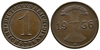 Германия 1 рейхспфенниг 1936 A KM 37, J. 313 бронза 220-133