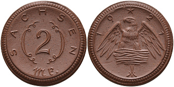 Саксония 2 марки 1921 J. N 56 фарфор 1094-1-12