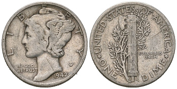 США 10 центов (дайм) 1942 KM 140 серебро 3334-1258