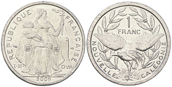 Французская Новая Каледония 1 франк 2009 птица кагу, (IEOM) KM 10, Schoen 10 алюминий 35-553