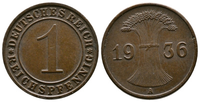 Германия 1 рейхспфенниг 1936 A KM 37, J. 313 бронза 220-133