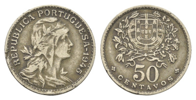 Португалия 50 сентаво 1945 голова Свободы вправо KM 577 никель латунь 4659-632
