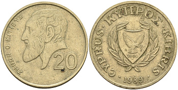 Кипр 20 центов 1989 KM 62.1 никель латунь 4140-743