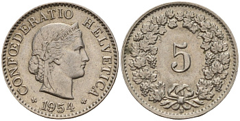 Швейцария 5 раппенов 1954 B KM 26 медно-никель 4189-327