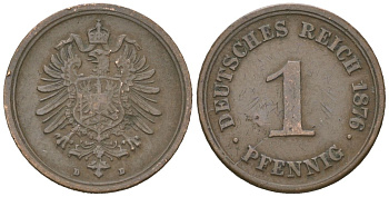Германия 1 пфенниг 1876 D, Вильгельм I (1871-1888) KM 1, J. 1 медь 4615-712