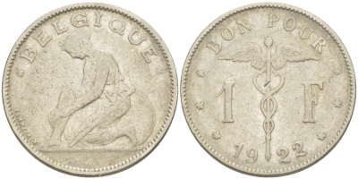 Бельгия 1 франк 1922 Belgique, Альберт I (1910-1934) KM 89 никель 261-1244