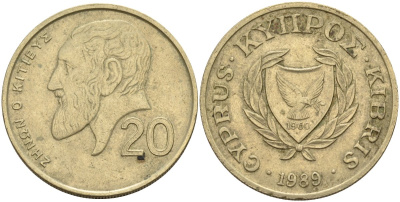 Кипр 20 центов 1989 KM 62.1 никель латунь 4140-743