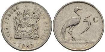 ЮАР 5 центов 1983 герб, райский журавль KM 84 никель 66-335