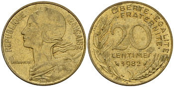 Франция 20 сантимов 1982 тип Marianne KM 930 алюминиевая бронза 4393-354