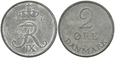Дания 2 эре 1971 C; S, Фредерик IX (1947-1972) KM 840.2 цинк 4187-1146