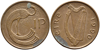 ИРЛАНДИЯ 1 ПЕННИ 1990 ПТИЧКА KM 20а сталь плакированная медью 4397-136