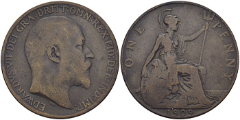 Великобритания 1 пенни 1909 Эдуард VII (1901-1910) KM 794.2, Spink 3990 бронза 97-1046