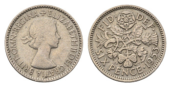 Великобритания 6 пенсов 1953 Елизавета II (1952-2022), год-тип KM 889, Spink 4141 медно-никель 4696-818